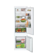 Bosch Series 2 KIV87NSE0G (09) 270 Litre 70/30 Integrated Fridge Freezer - E Rated from HomeWise Appliances. stock photo showing the doors open with contents inside.