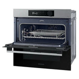 Samsung NV7B5755SAS Flexible Dual Cook Built-in Smart Single Oven with Pyrolytic Self Cleaning and Air Fry in Stainless Steel - A+ Rated from HomeWise Appliances. Stock photo front of oven with top half open 