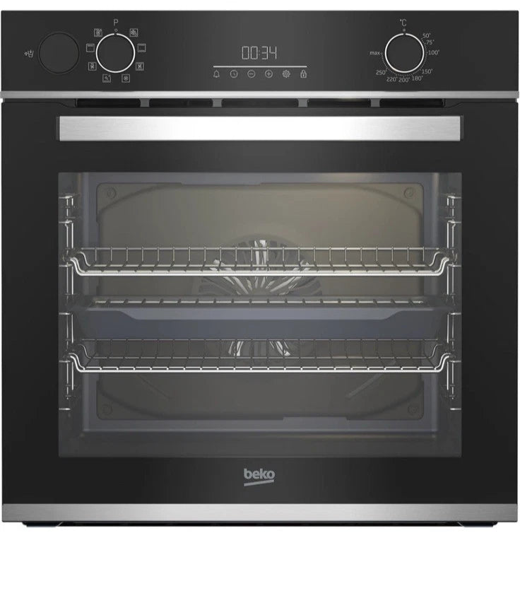 Beko Recycled Net® BBIS25300XC (61) Built-in Electric Single SimplySteam™ Oven with AeroPerfect™ - A Rated from HomeWise Appliances stock photo with a close up picture of the front of oven showing furniture and symbols on the dials.