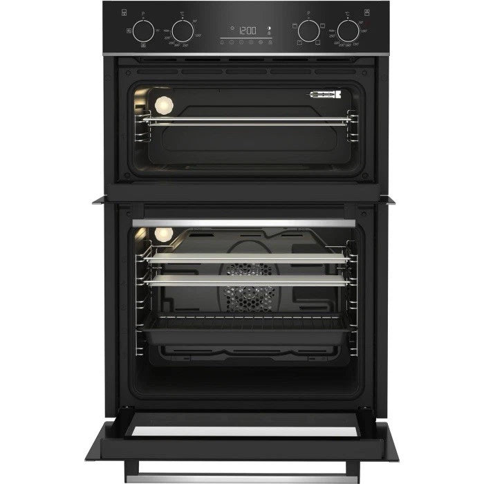 Beko BBXDF25300X Electric Double Built-in Oven in Black & Stainless Steel - A/A Rated stock photo showing front of the oven with doors open highlighting interior lights and main fan assisted oven.