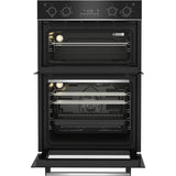 Beko BBXDF25300X Electric Double Built-in Oven in Black & Stainless Steel - A/A Rated stock photo showing front of the oven with doors open highlighting interior lights and main fan assisted oven.