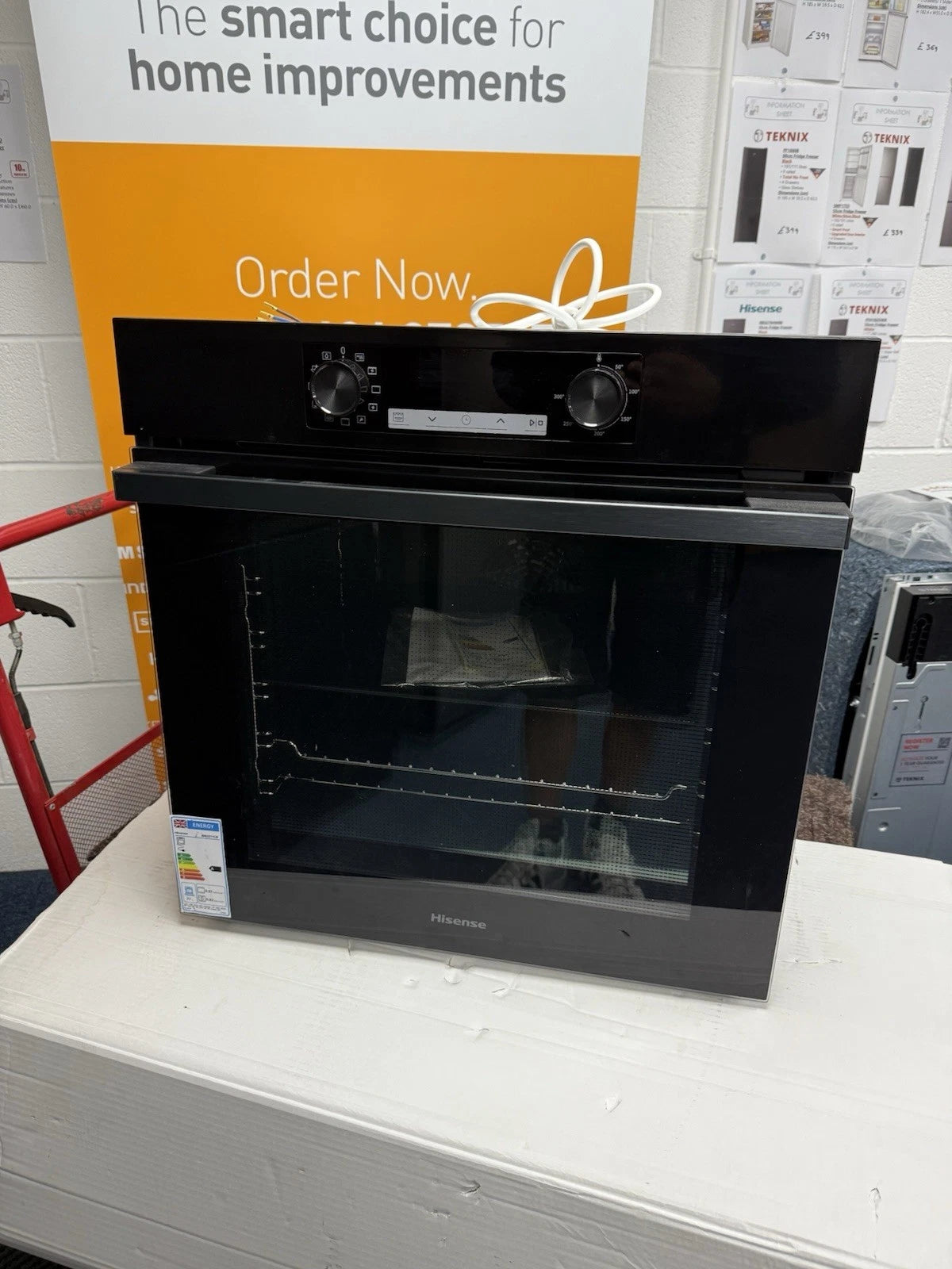 Hisense BI62211CB (40) Electric Single Oven in Black - A Rated - HW181540 shop photo with front of oven with a sales banner. "The smart choice for home improvements"