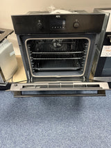 AEG BPK355061B (20) Electric Built-In Single Oven with Pyrolytic Self Cleaning in Black - A+ Rated from HomeWise Appliances. Shop photo of oven on show stand with the door open showing shelves and tray in cavity.