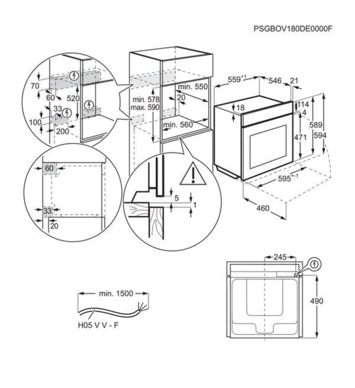 AEG BES356010B Black Oven from HomeWise installation drawings with dimensions