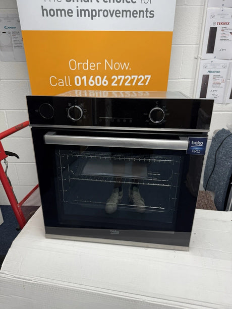 Beko Recycled Net® BBIS25300XC (55) Built-in Electric Single SimplySteam™ Oven with AeroPerfect™ - A Rated from HomeWise Appliances shop photo of oven in front of a call to action banner Order Now Call 01606 272727