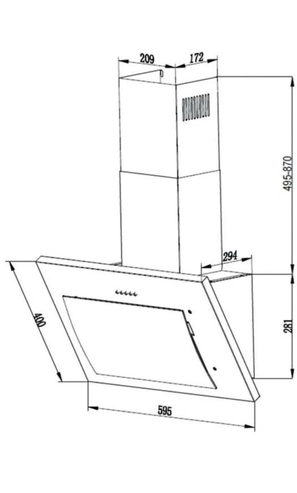 Cata UBLCHH60SS 60cm Angled Glass Cooker Hood in Stainless Steel and Black from HomeWise Appliances. Diagram with dimensions.