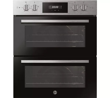 Hoover HO7DC3B308IN Electric Built-under Double Oven in Stainless Steel & Black - A/A Rated from HomeWise Appliances. Stock photo front of the oven.