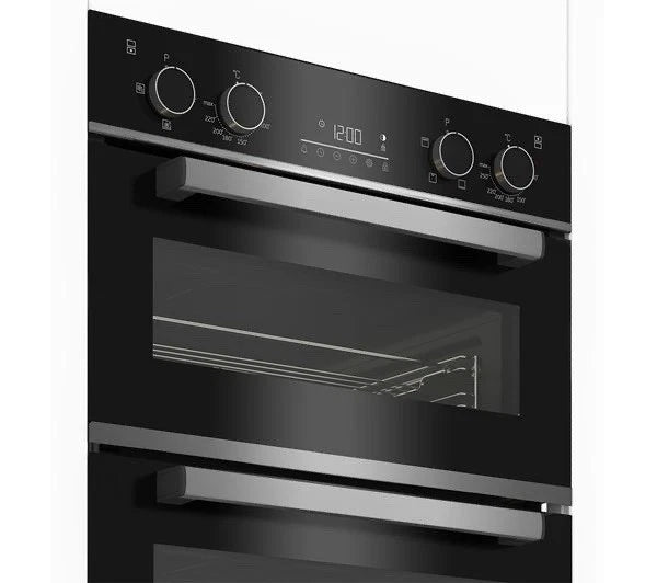 Beko BBXDF25300X Electric Double Built-in Oven in Black & Stainless Steel - A/A Rated Stock photo showing control panel and digital timer display.