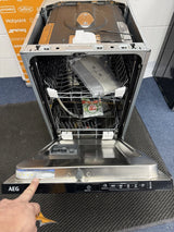 AEG FSX51407Z Series 5000 AirDry 45cm Integrated Slimline Dishwasher with Black Control Panel, F Rated from HomeWise Appliances. Shop photo showing front of appliance with door open and supplied contents.