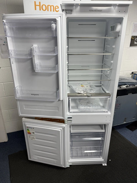 Hotpoint HTC18 T112 UK 70/30 No Frost Integrated Fridge Freezer with Sliding Hinge - E Rated from HomeWise Appliances. Shop photo with the doors open 