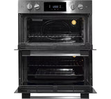 Hoover HO7DC3B308IN Electric Built-under Double Oven in Stainless Steel & Black - A/A Rated from HomeWise Appliances. Stock photo front of the oven with doors open.