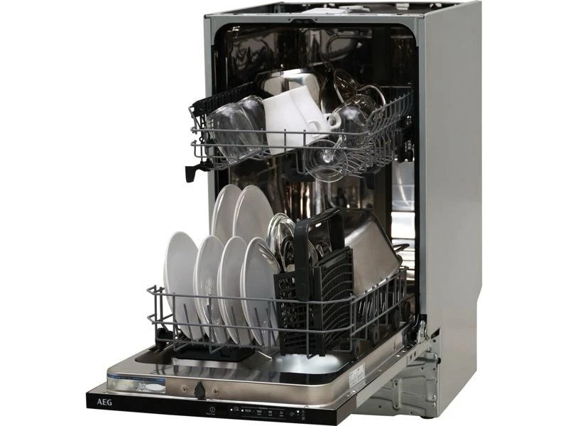 AEG FSX51407Z Series 5000 AirDry 45cm Integrated Slimline Dishwasher with Black Control Panel, F Rated from HomeWise Appliances. Stock photo angled photograph with baskets loaded and puled out to give a clear loading view.