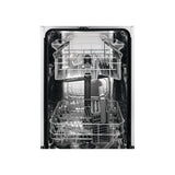 AEG FSX51407Z Series 5000 AirDry 45cm Integrated Slimline Dishwasher with Black Control Panel, F Rated from HomeWise Appliances. Stock photo showing internal empty baskets.