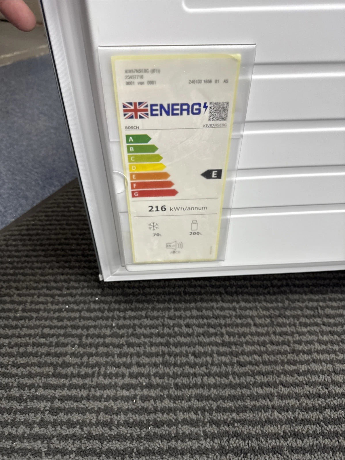Bosch Series 2 KIV87NSE0G (09) 270 Litre 70/30 Integrated Fridge Freezer - E Rated from HomeWise Appliances. Manufacturers Energy Label on display.