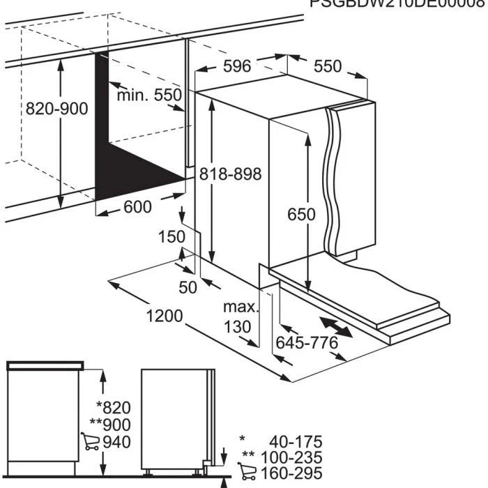 AEG FSB54907Z (60) Air Dry 5000 14 Place Settings Fully Integrated Dishwasher - Black Control Panel with Sliding Door Fixing Kit - HW181560