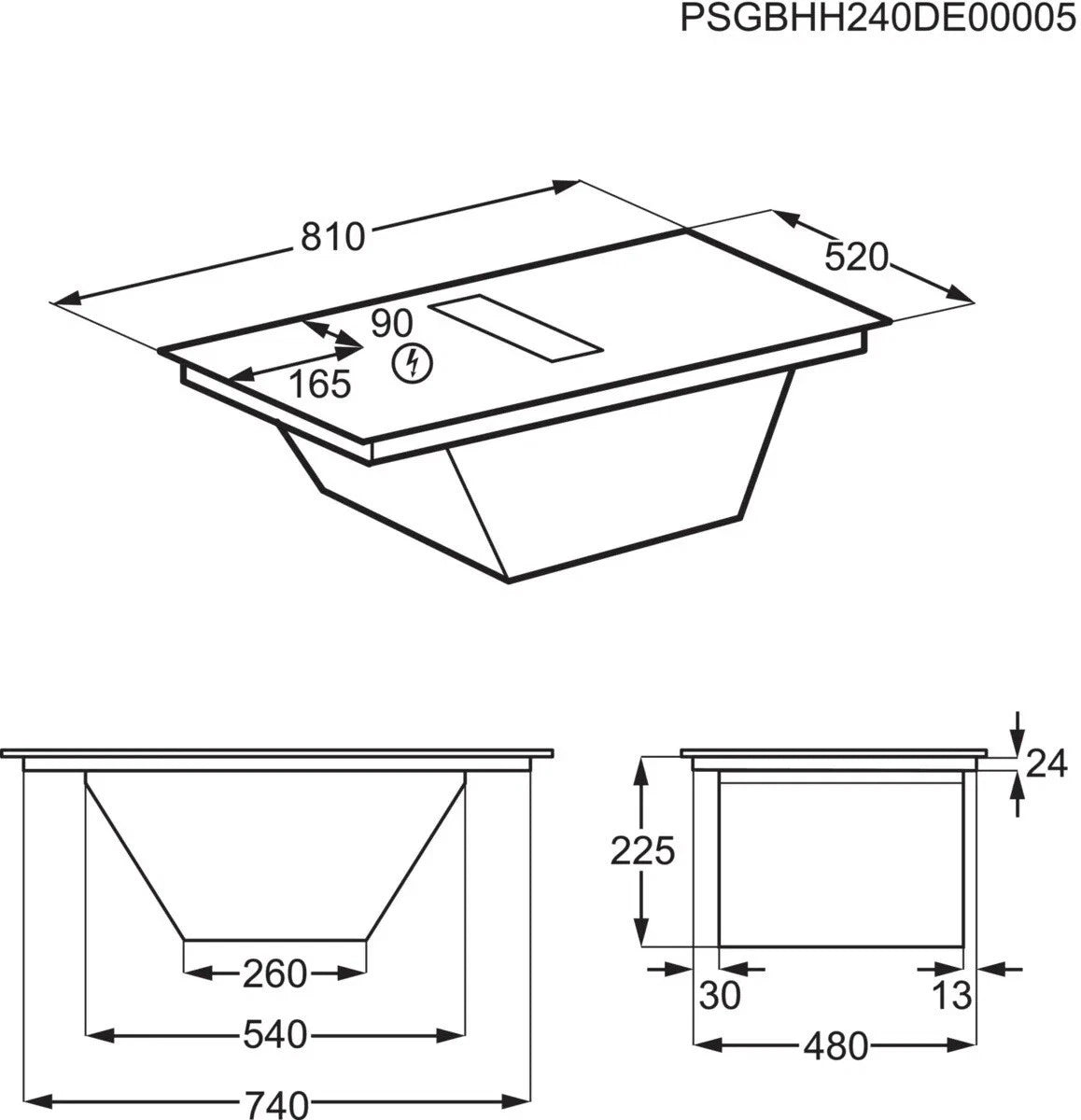 AEG Series 6000 TH84CB03FB 81cm Induction Hob with Venting Extraction in Black - A+ Rated - HW181702-03 from HomeWise Appliances. Stock Photo showing dimensions of the hob.